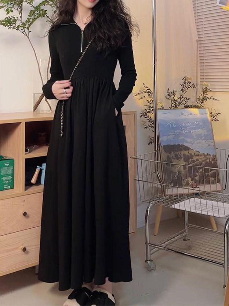 筱姿时尚收腰显瘦黑色长袖连衣裙女2023新款气质法式赫本风长裙子