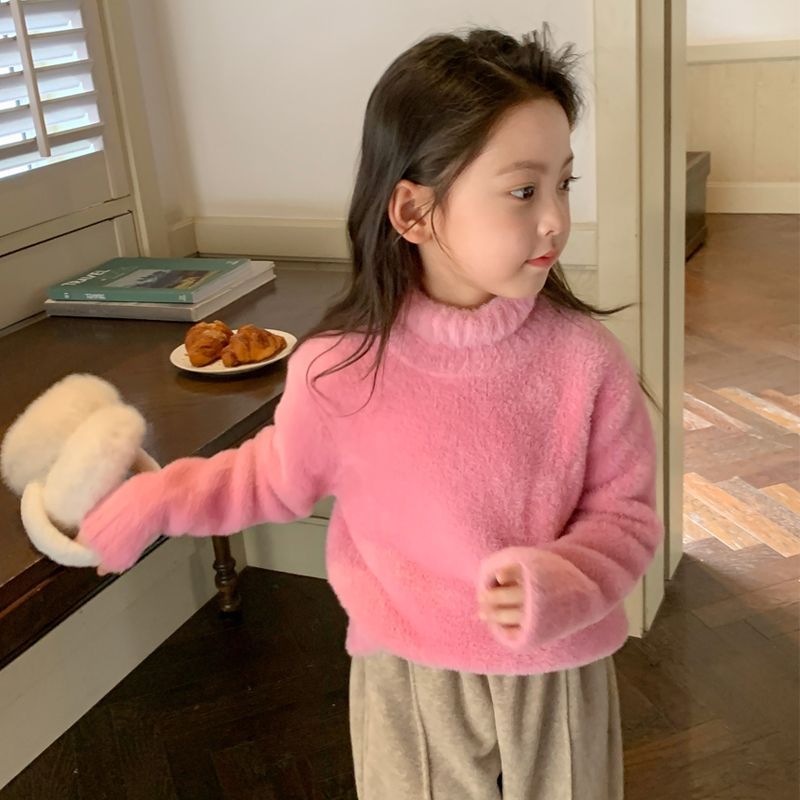 Girls turtleneck solid color Korean sweater autumn and winter children's soft and waxy western style children's long-sleeved warm knitted sweater children's clothing