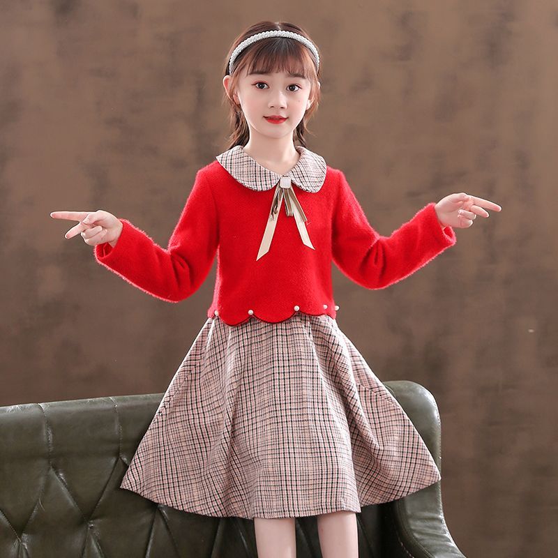 女童连衣裙冬季新款红色洋气裙子儿童毛衣公主裙女孩加绒冬裙