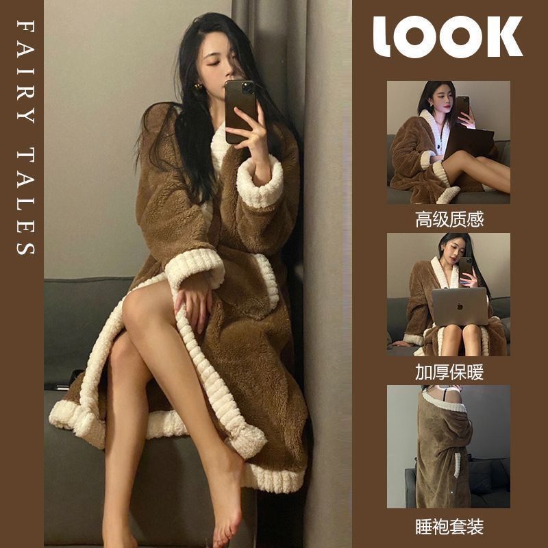 珊瑚絨睡衣女秋冬季2023年新款加絨加厚長毛絨睡袍長褲居家服套裝