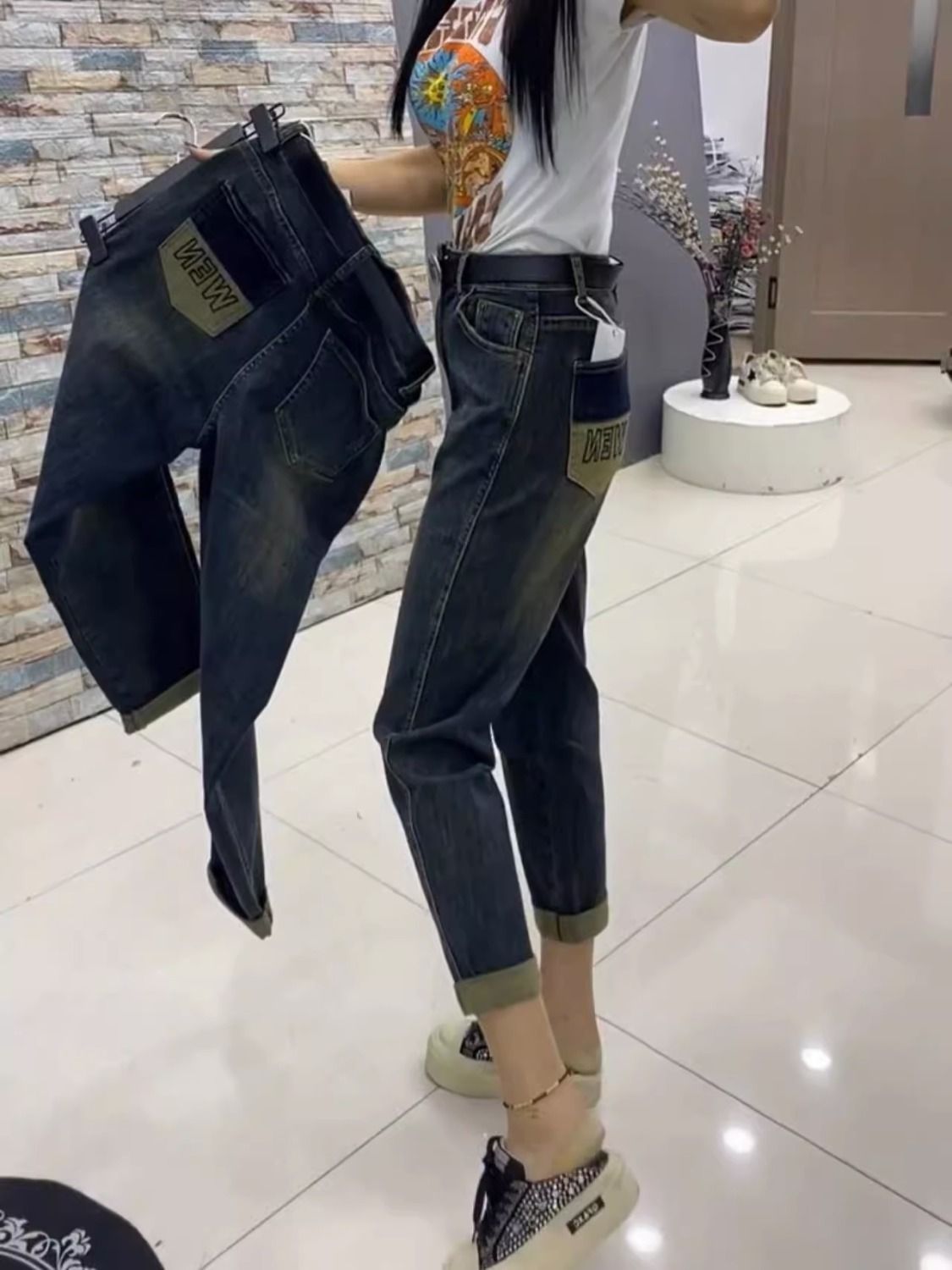 大碼撞色口袋哈倫牛仔褲女2023秋季新款寬鬆高腰顯瘦九分老爹褲潮