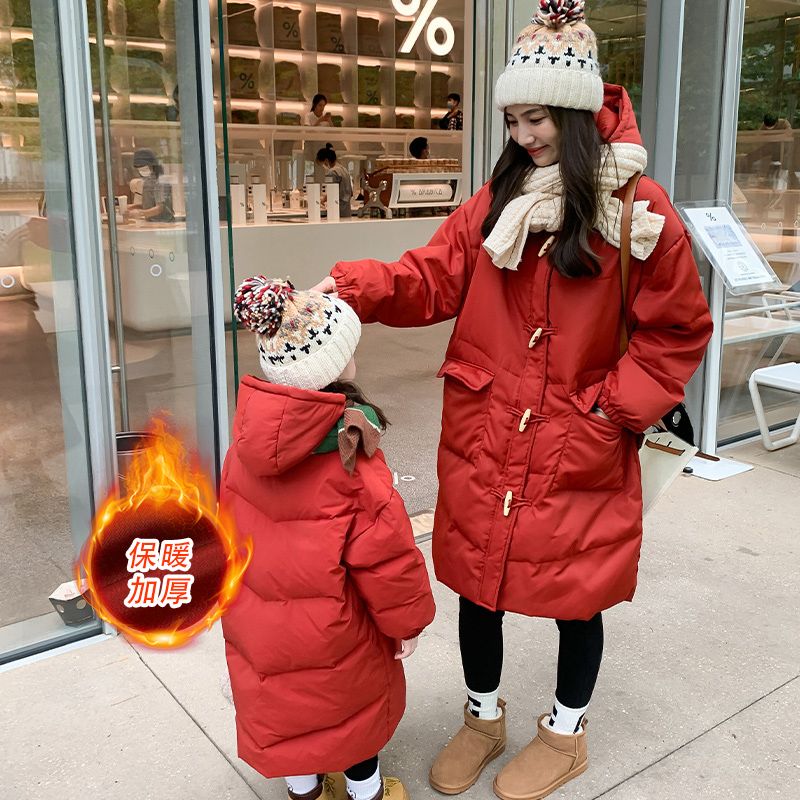 Parent-child down jacket  winter mother and daughter clothing mid-length thickened horn button cotton coat girls jacket new year clothing trend