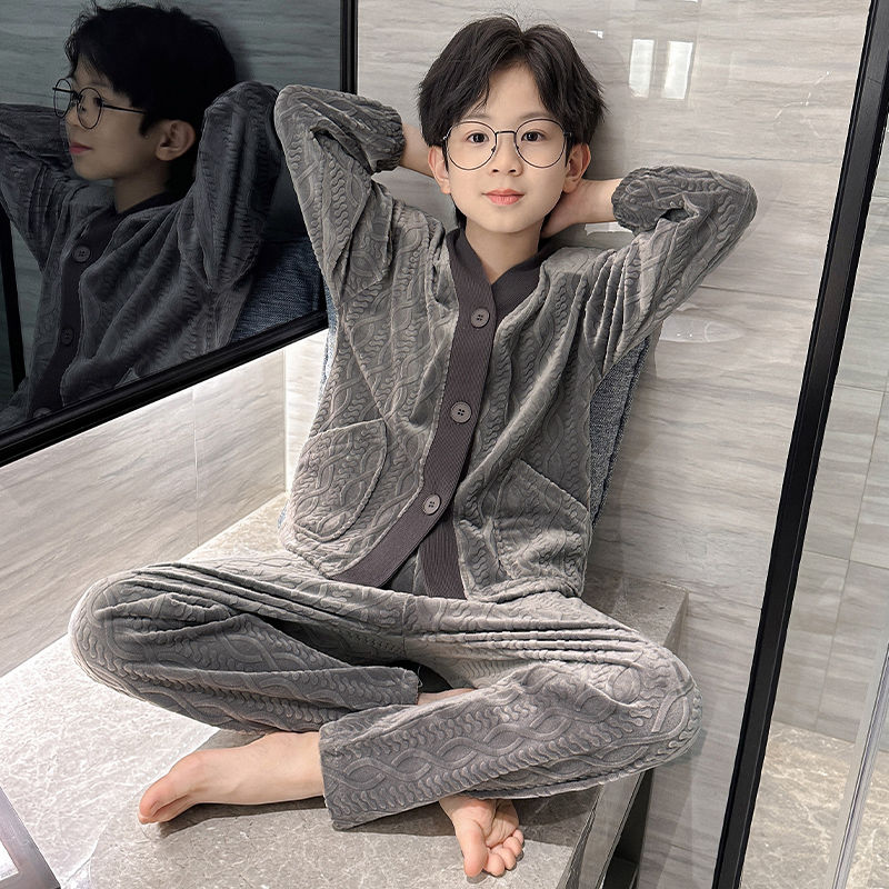 兒童睡衣男童秋冬款2023新款男孩中大童冬季珊瑚絨家居服套裝保暖