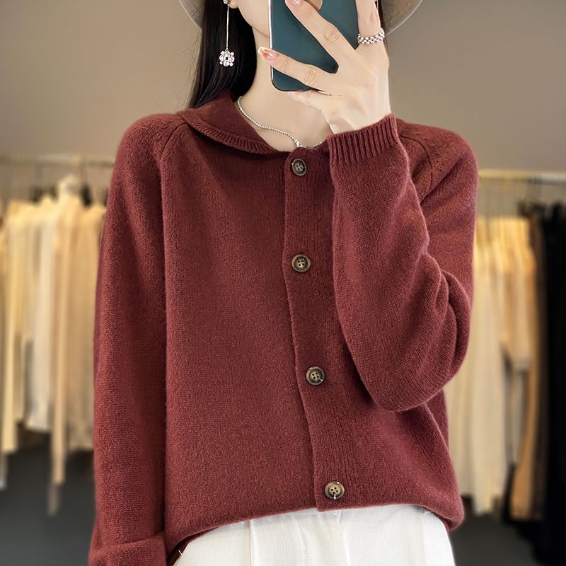 娃娃領純羊絨開衫女翻領純色加厚毛衣秋冬內搭外穿澳洲羊毛針織衫