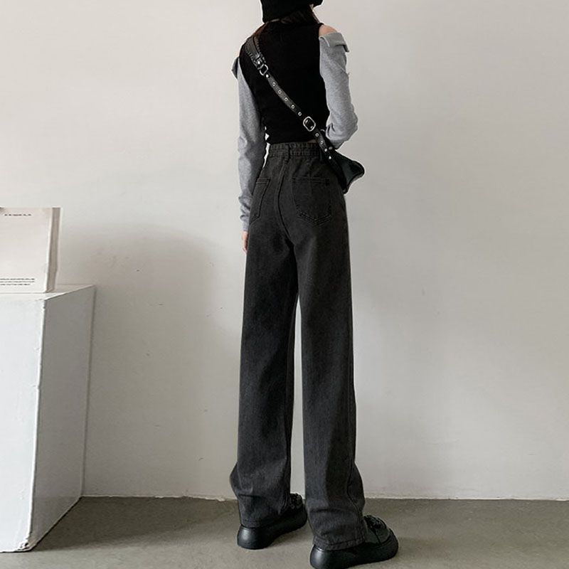 復古百搭闊腿牛仔褲女2023年秋季韓版高腰顯瘦寬鬆設計感直筒長褲