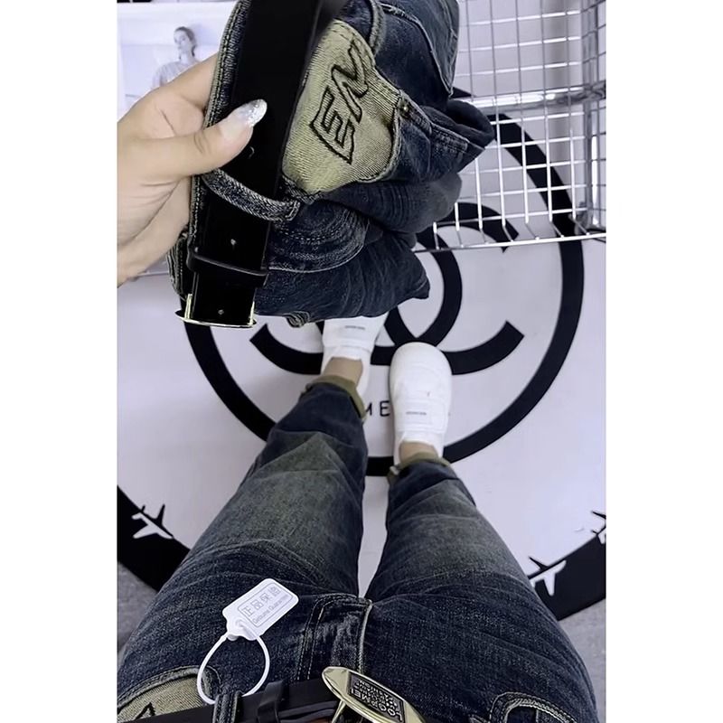 復古撞色口袋哈倫牛仔褲女秋季2023年新款大碼高腰顯瘦九分老爹褲