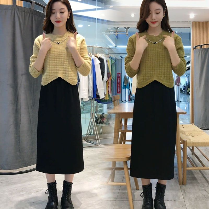 藍海奕諾圓領短款毛衣半身裙套裝女2023秋冬新款小個子顯瘦兩件套