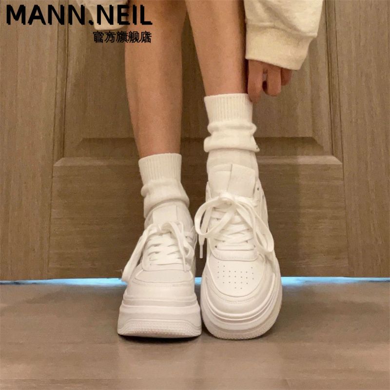 Mann Neil高級感圓頭小白鞋女2023秋款厚底百搭校園休閒運動板鞋