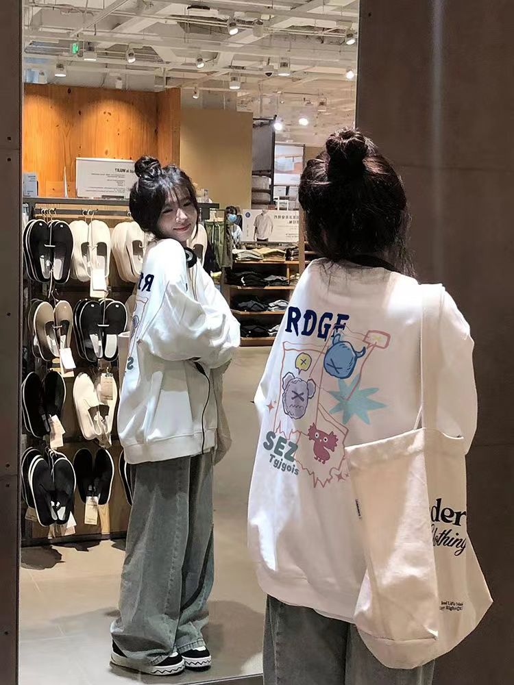 白色衛衣女學生新款圓領秋冬設計感bf風加絨長袖寬鬆百搭上衣潮in