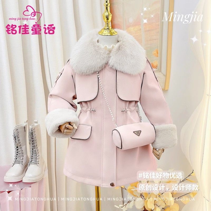 Girls' parkas winter clothes  new winter style medium and large children's style plus velvet thickened jackets children's fashionable leather jackets