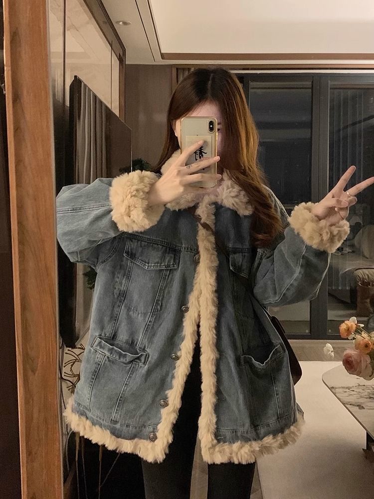 Lamb denim jacket women's autumn and winter new Korean style loose and versatile plus velvet cotton coat high-end cotton jacket top