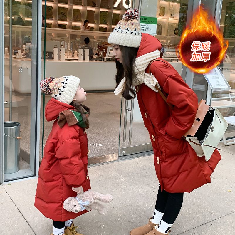 Parent-child down jacket  winter mother and daughter clothing mid-length thickened horn button cotton coat girls jacket new year clothing trend