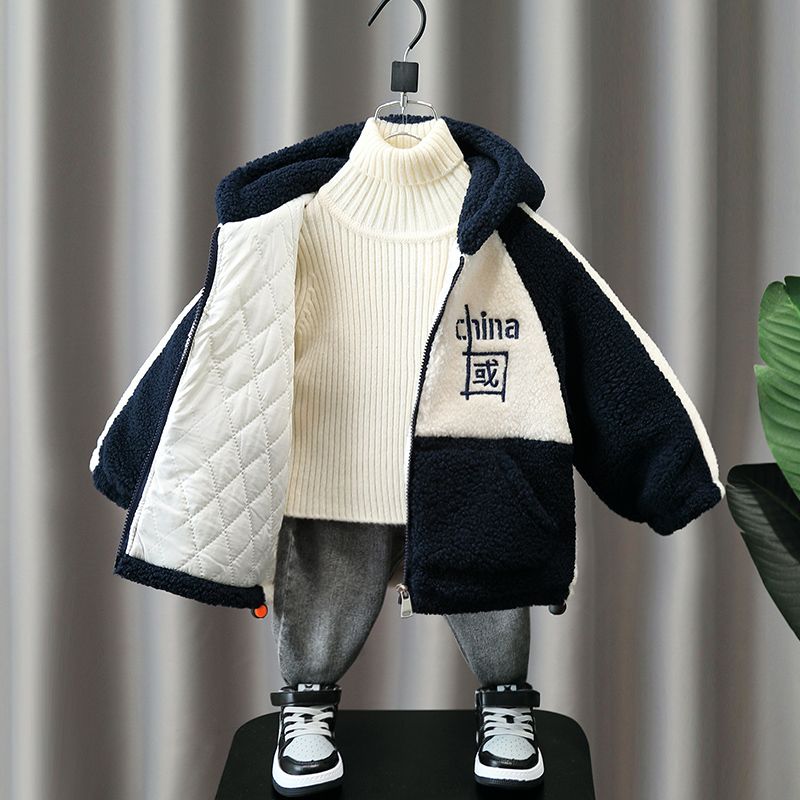 男童冬季加厚毛毛衣外套新款中国儿童洋气棉衣保暖宝宝冬装夹棉冬