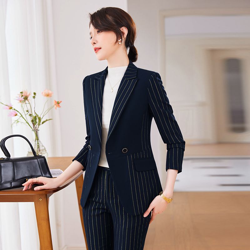 條紋西裝外套女秋冬2023新款公務員面試工作職業氣質正裝西服套裝