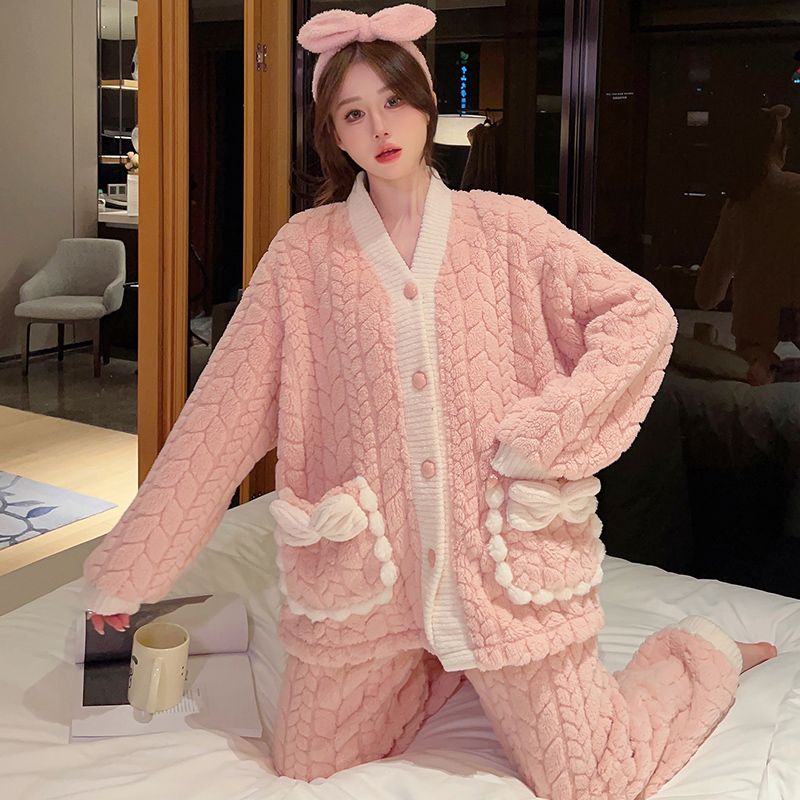 睡衣女秋冬款珊瑚絨加厚加絨保暖套裝粉色大碼胖妹妹220斤法蘭絨