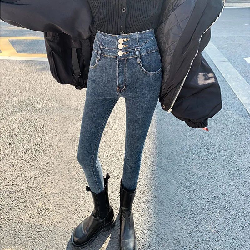 【彈力】牛仔褲女春秋冬季高腰修身彈力緊身加絨加厚鉛筆小腳長褲