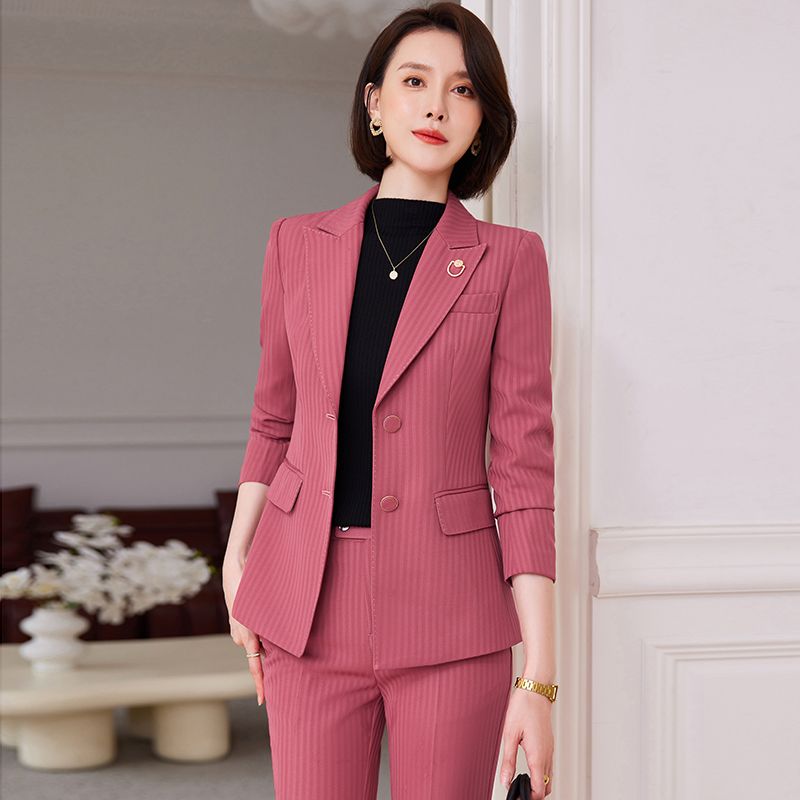 粉色西裝套裝女秋冬2023新款高級感氣質休閒工作服職業裝西服外套