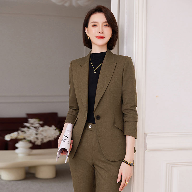 橄欖綠西裝套裝女秋冬新款氣質女神范修身職業裝工作服西服兩件套