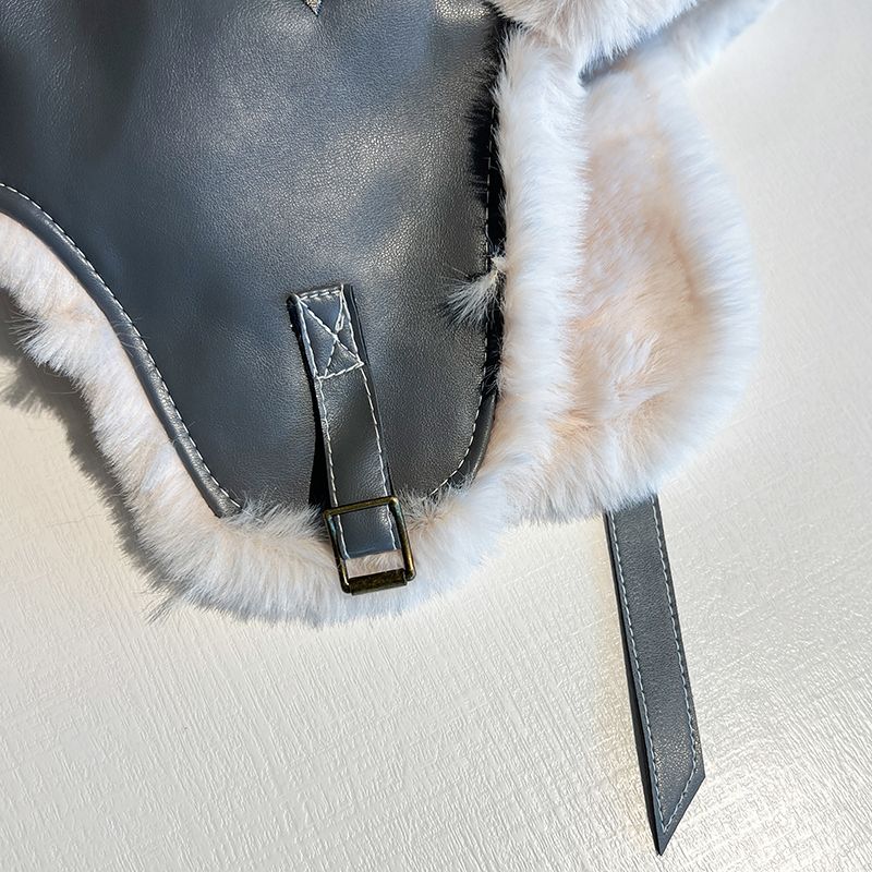 Lei Feng hat women's autumn and winter thickened warm PU leather plush hat outdoor skiing cold ear protection hat flying hat trendy man_voghion.com