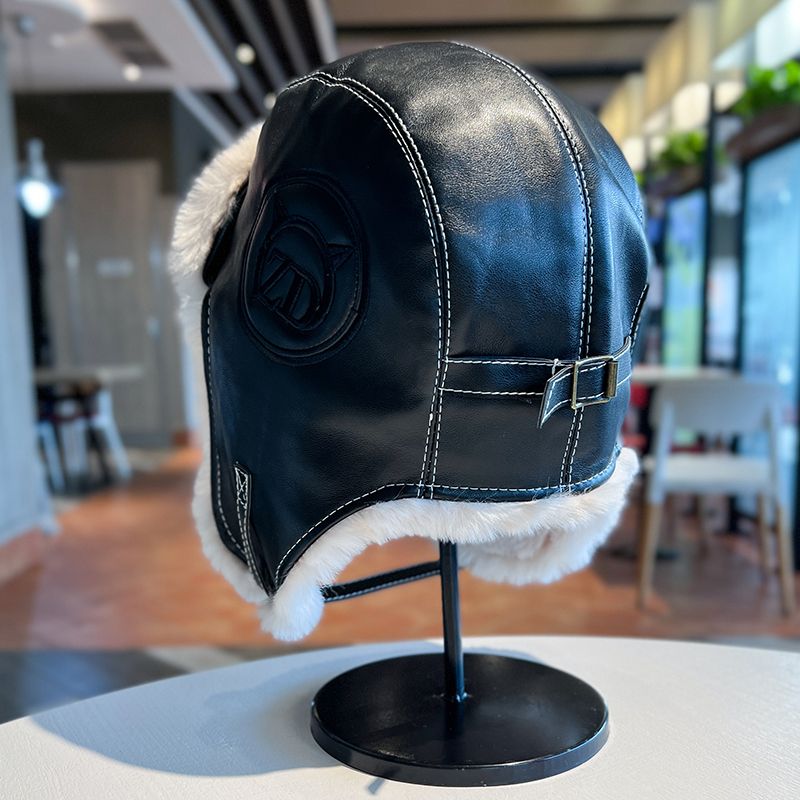 Lei Feng hat women's autumn and winter thickened warm PU leather plush hat outdoor skiing cold ear protection hat flying hat trendy man_voghion.com