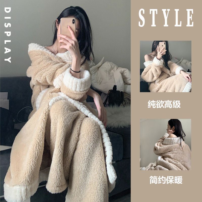 珊瑚絨睡衣女冬季新款加絨加厚氣質高級感睡袍長褲居家服兩件套裝