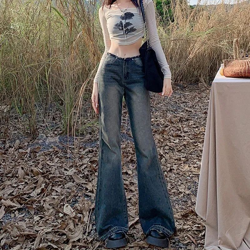 低腰喇叭牛仔褲女闊腿2023秋季美式復古寬鬆顯瘦高腰拖地微喇褲子