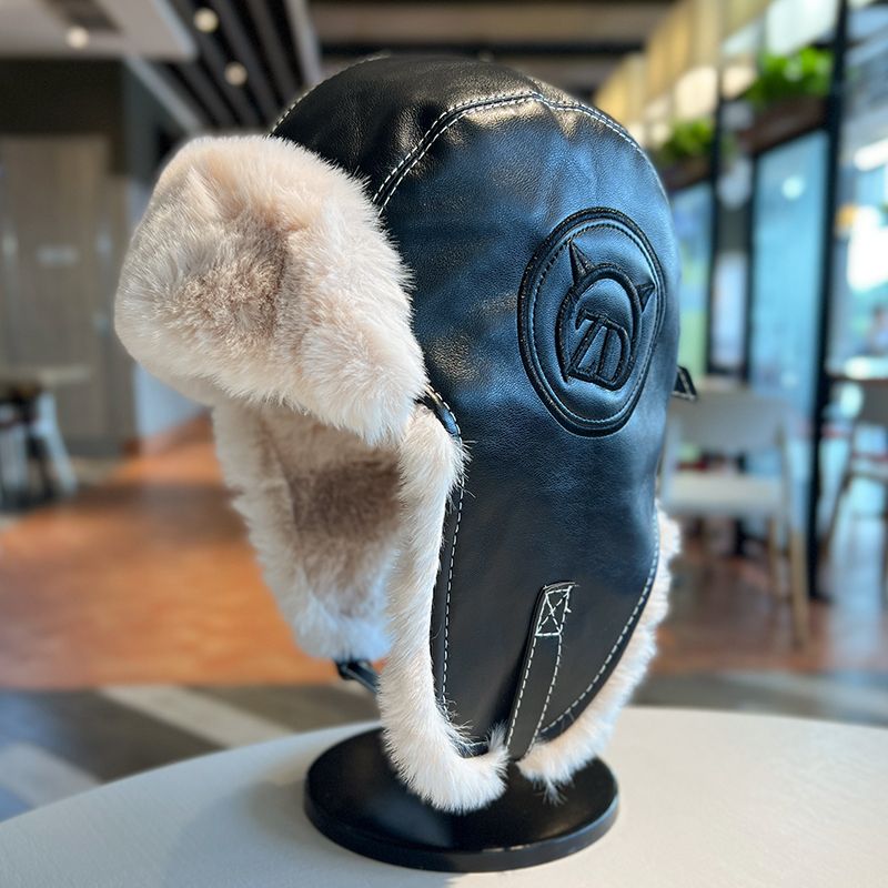 Lei Feng hat women's autumn and winter thickened warm PU leather plush hat outdoor skiing cold ear protection hat flying hat trendy man_voghion.com