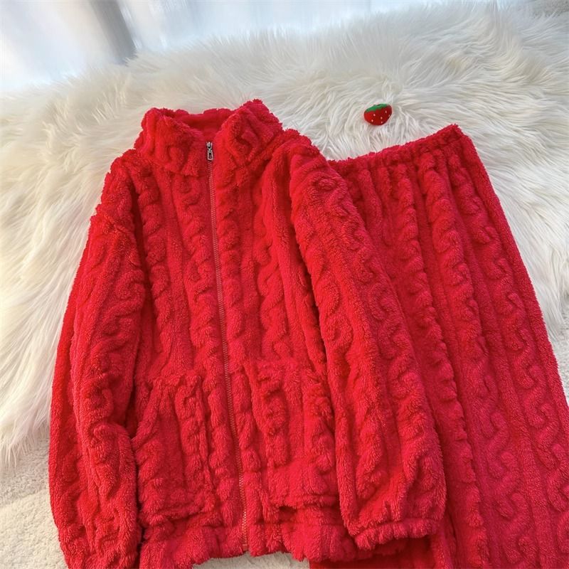 睡衣女秋冬季本命年大红色珊瑚绒加厚加绒拉链法兰绒可外穿家居服