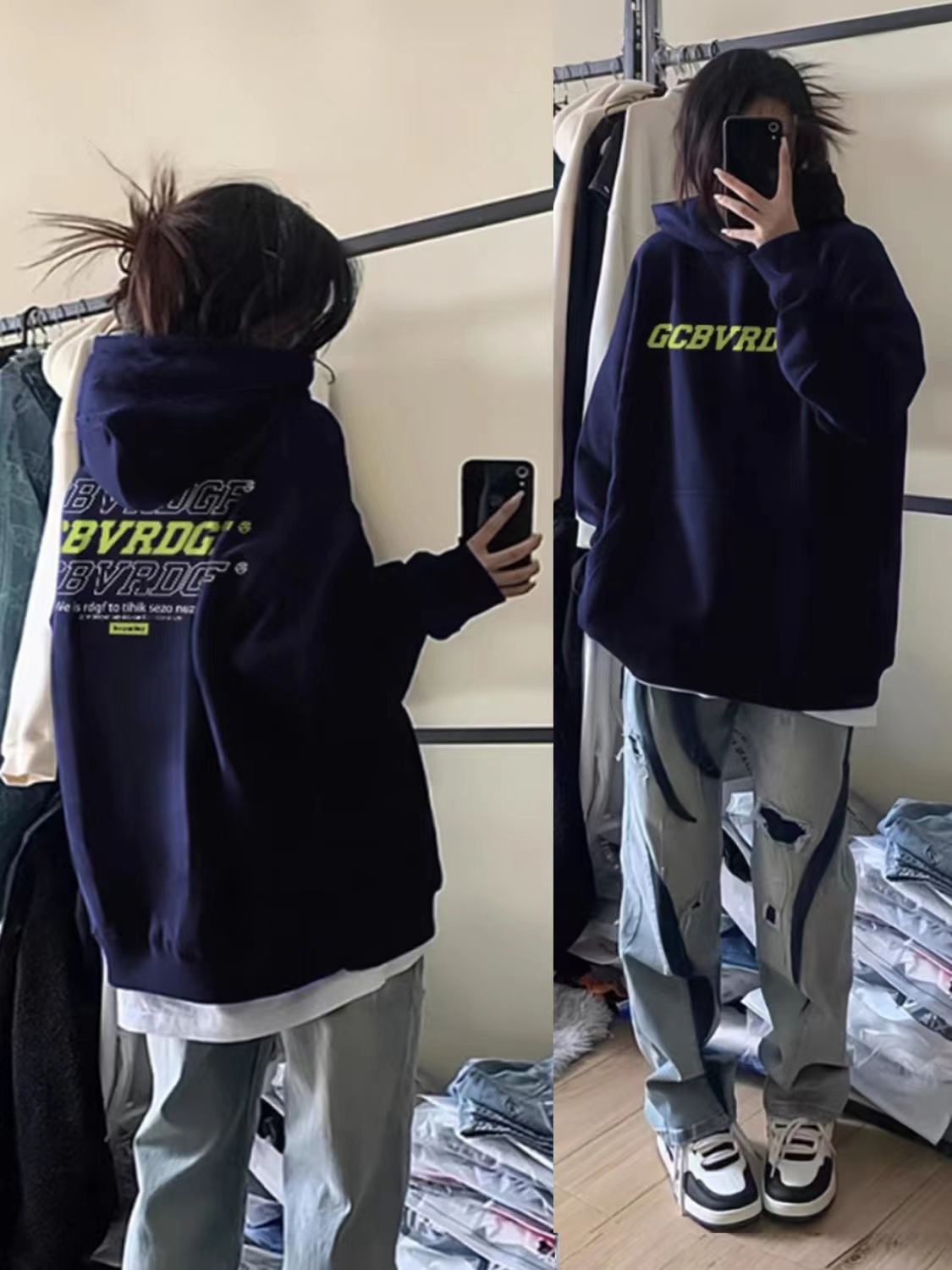 春秋薄款美式復古oversize連帽衛衣女學生秋冬vintage加絨加厚外