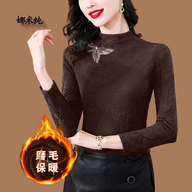 半高領加厚磨毛提花打底衫女秋冬新款繡花修身顯瘦長袖內搭上衣潮