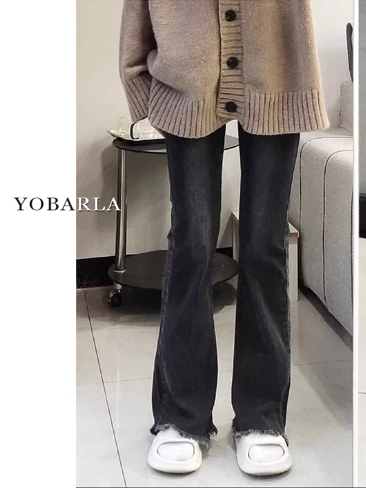 黑灰色毛邊微喇叭牛仔褲女秋季新款高腰彈力修身顯瘦長褲子ins潮