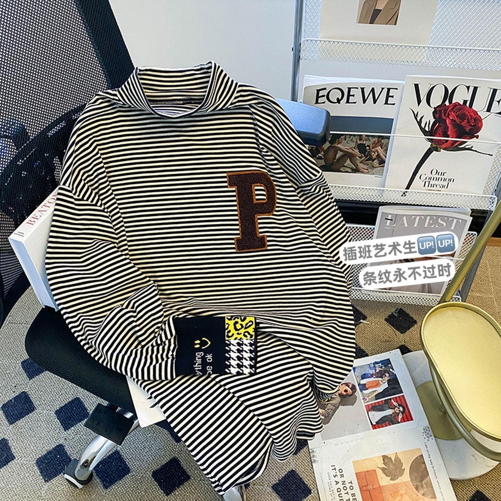 新款德絨高領打底衫女學生慵懶風寬鬆大碼秋冬中長款條紋長袖t恤