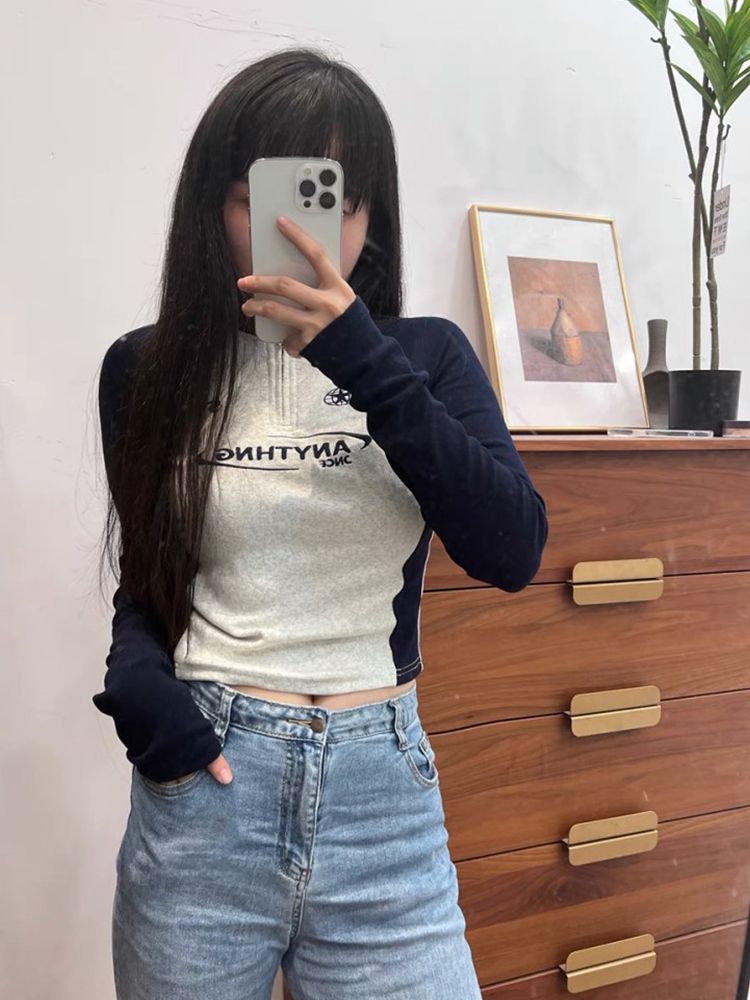 美拉德美式甜酷刺繡撞色長袖t恤女秋季新款修身顯瘦打底衫上衣ins