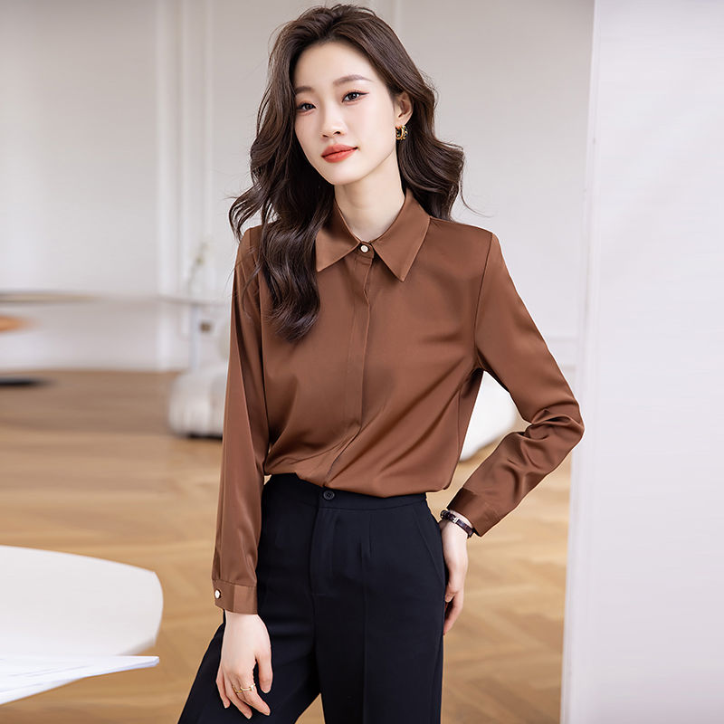 咖色襯衫女長袖春秋2023新款時尚高級感氣質職業大碼雪紡襯衣正裝