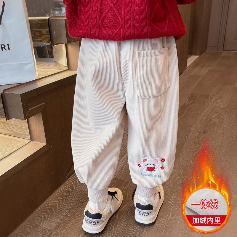 女童加絨褲子秋冬款2023新款女寶寶冬季一體絨休閒褲兒童冬裝長褲