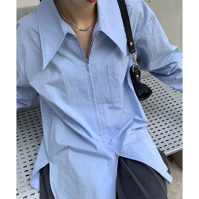 法式蓝色长袖衬衫女双拉链设计感衬衣2023年春秋新款叠穿内搭上衣