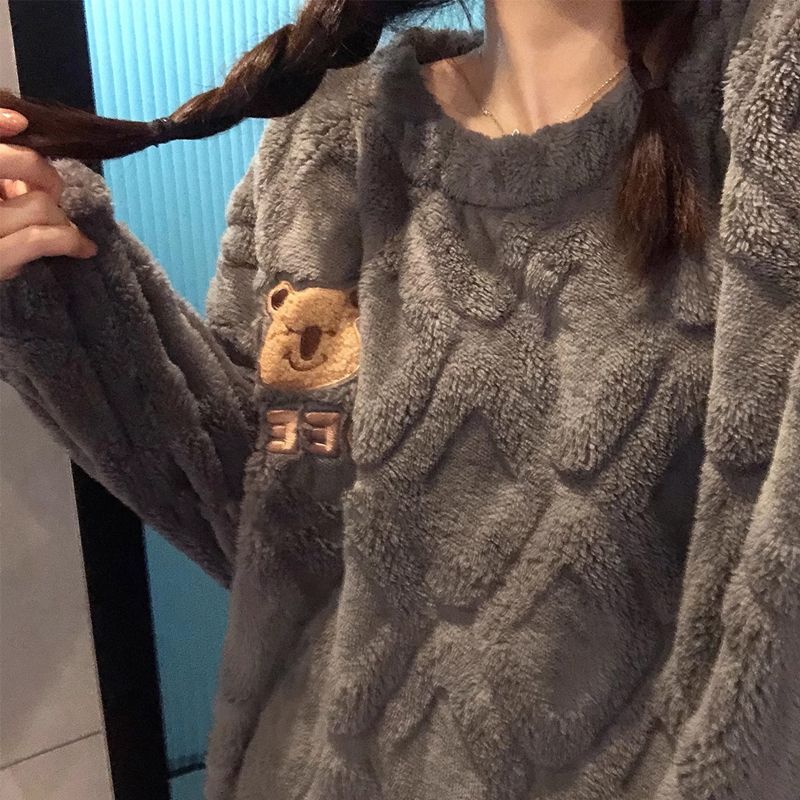 珊瑚絨冬季睡衣女加厚加絨ins可愛卡通法蘭絨保暖外穿家居服套裝