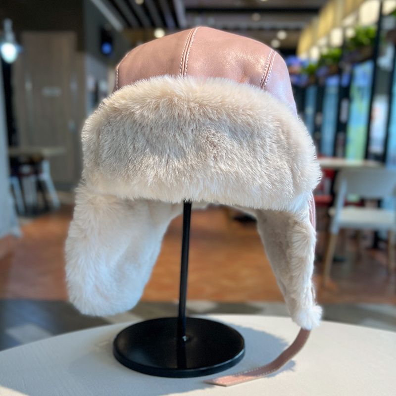Lei Feng hat women's autumn and winter thickened warm PU leather plush hat outdoor skiing cold ear protection hat flying hat trendy man_voghion.com