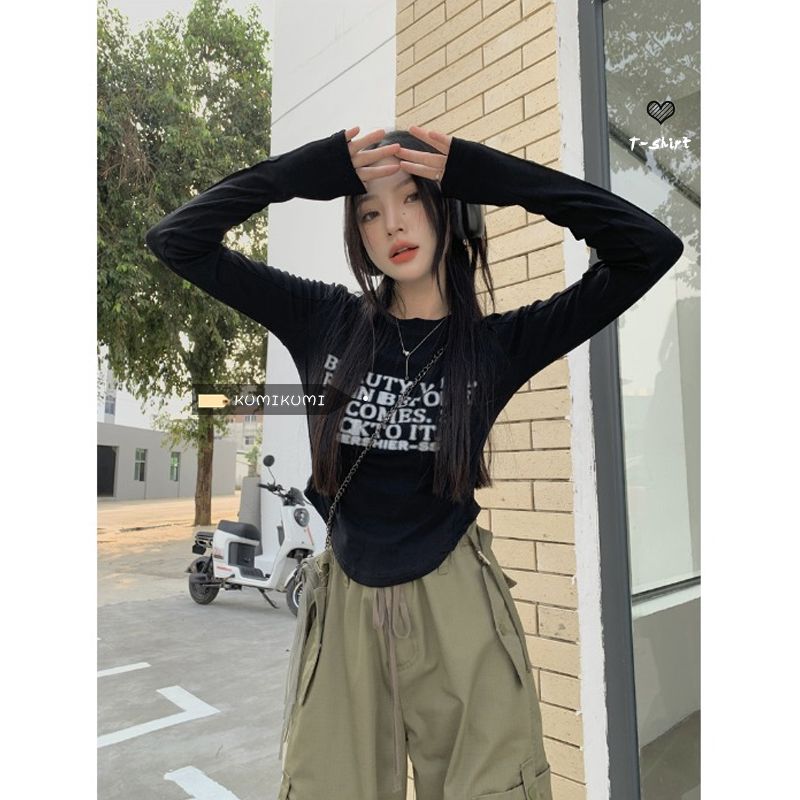 設計感不規則修身打底衫短款正肩長袖t恤女秋冬辣妹字母內搭上衣