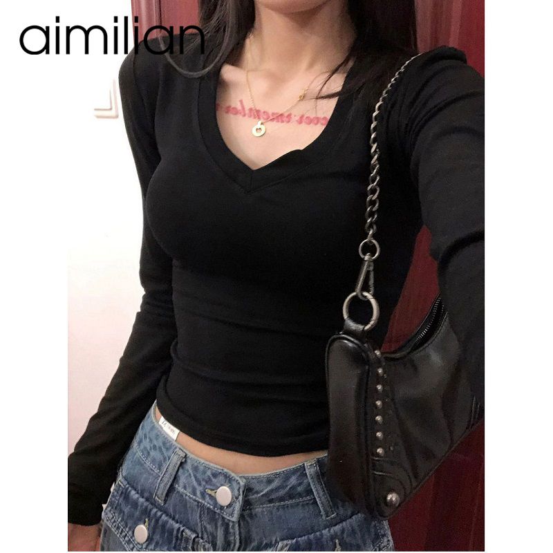 aimilian德絨V領打底衫女春秋冬加厚內搭修身顯瘦短款長袖t恤上衣