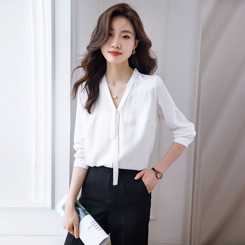 白色長袖襯衫女春秋2023新款設計感高級V領上衣時尚氣質雪紡襯衣
