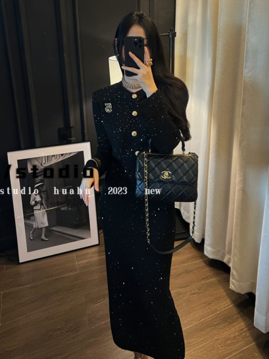法式氣質名媛套裝女秋冬小香風高檔亮片長袖開衫+高腰修身半身裙