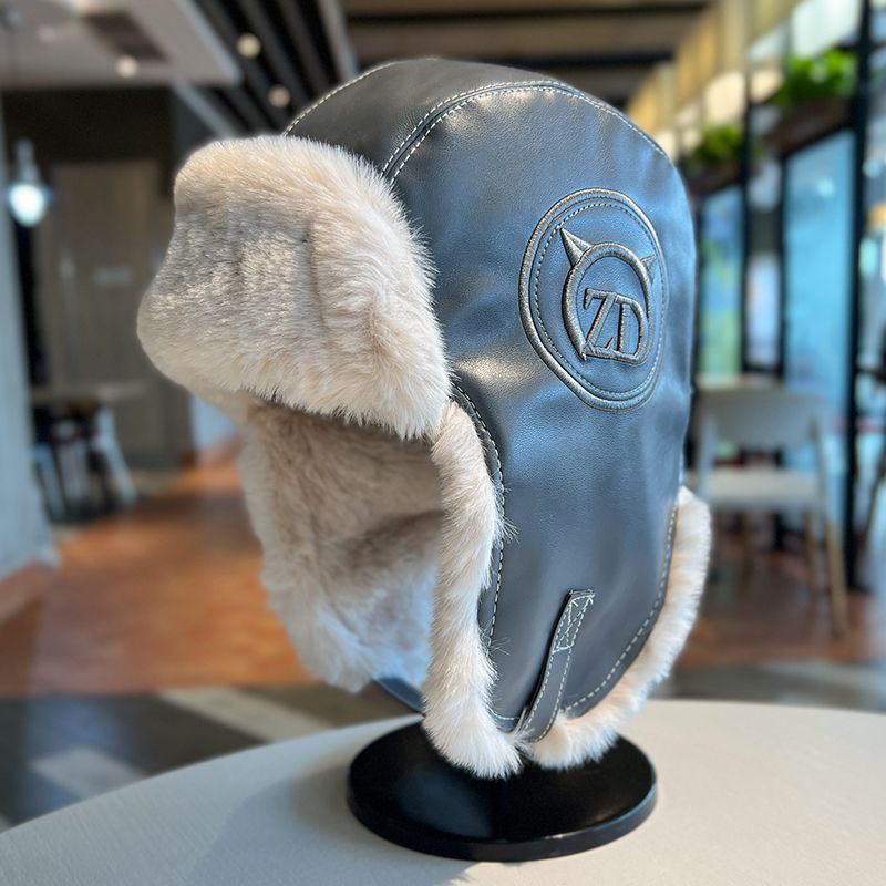 Lei Feng hat women's autumn and winter thickened warm PU leather plush hat outdoor skiing cold ear protection hat flying hat trendy man_voghion.com