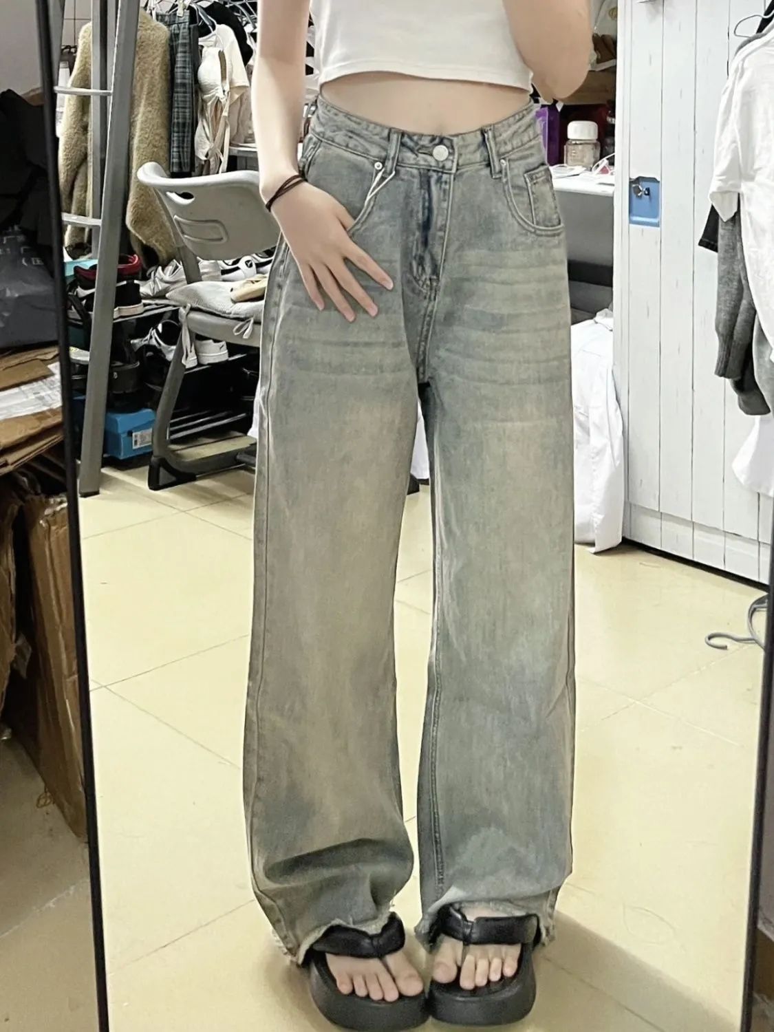 復古黃泥色牛仔褲女2023秋季美式街頭高腰顯瘦垂感闊腿拖地褲子潮