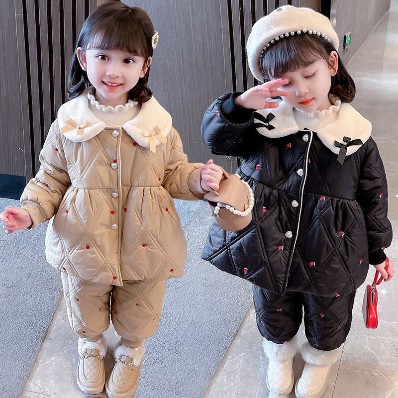 寶寶冬裝棉衣棉褲繡花套裝兒童2-6歲5兒童加絨加厚女童冬款兩件套