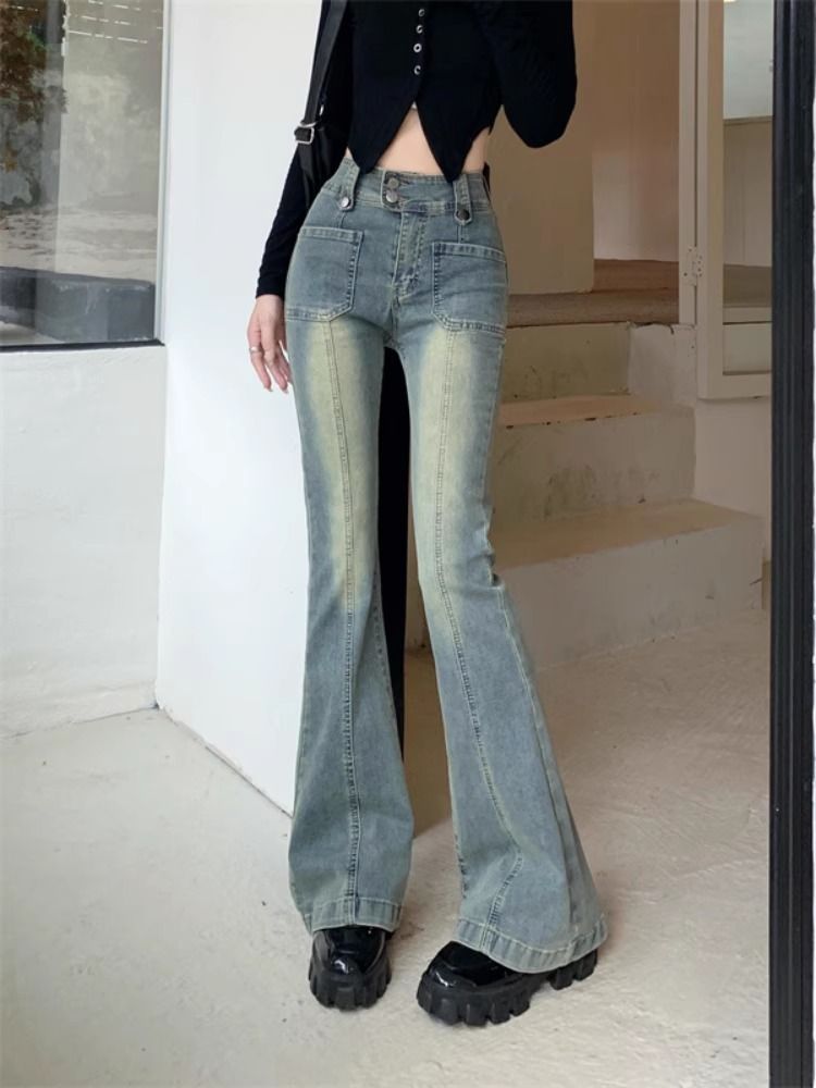 辣妹復古微喇叭牛仔褲女2023年秋季新款高腰彈力修身顯瘦馬蹄長褲