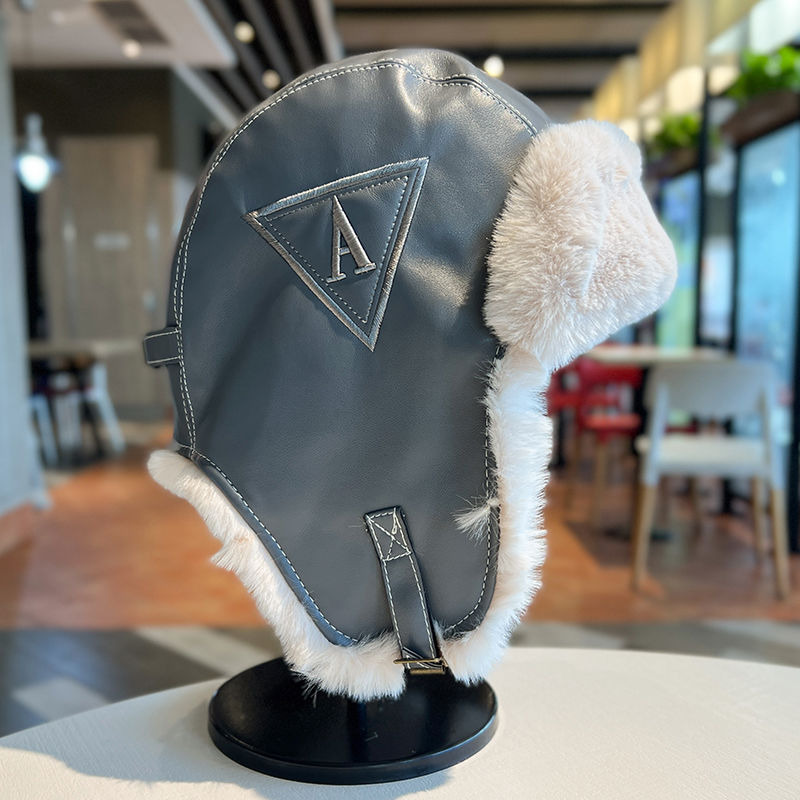 Lei Feng hat women's autumn and winter thickened warm PU leather plush hat outdoor skiing cold ear protection hat flying hat trendy man_voghion.com