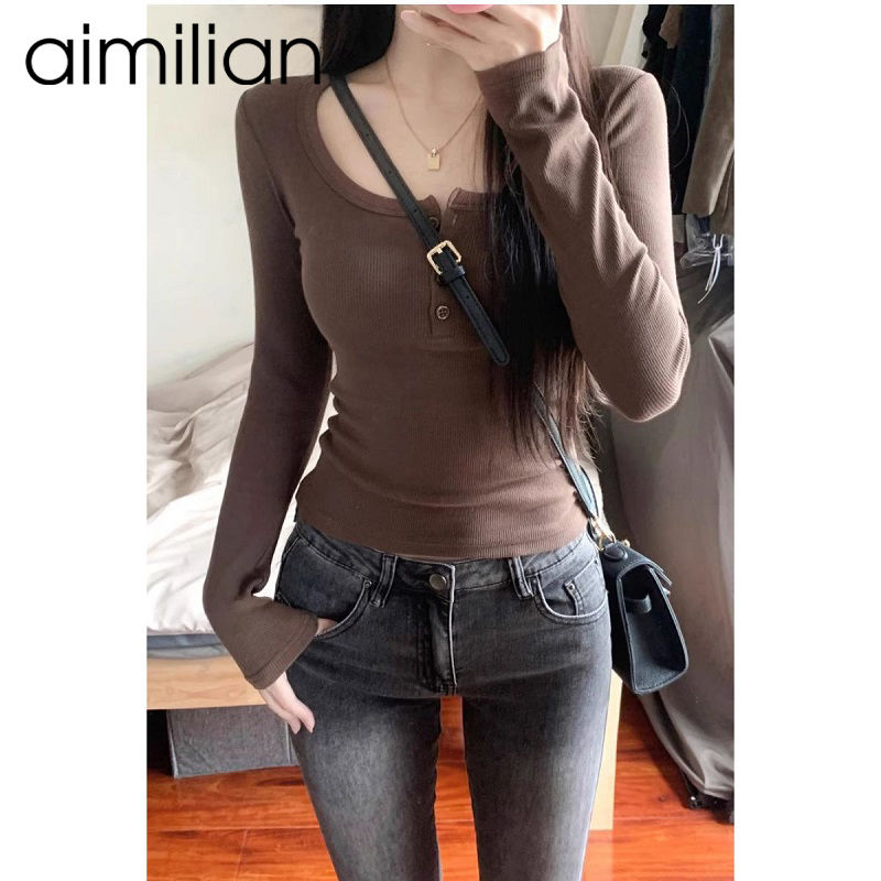 aimilian純欲風辣妹長袖t恤女春秋冬內搭打底衫修身顯瘦短款上衣