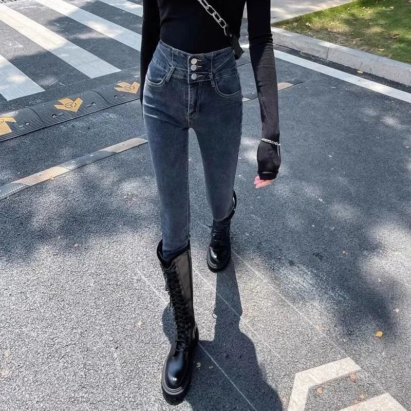 買一送一高腰加絨牛仔褲女冬季加厚保暖外穿顯瘦緊身小腳鉛筆長褲