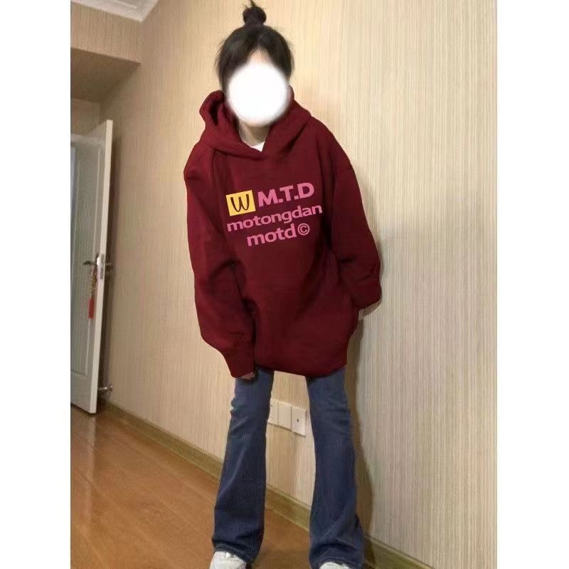 ins慵懶風字母印花連帽套頭酒紅色衛衣女2023秋冬新款百搭加絨外